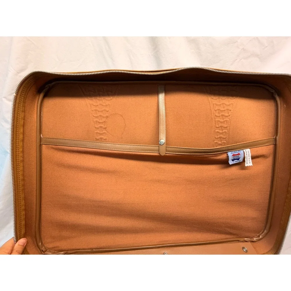 Vintage 1978 American Tourister Tan Faux Leather Suitcase Embossed Basketweave